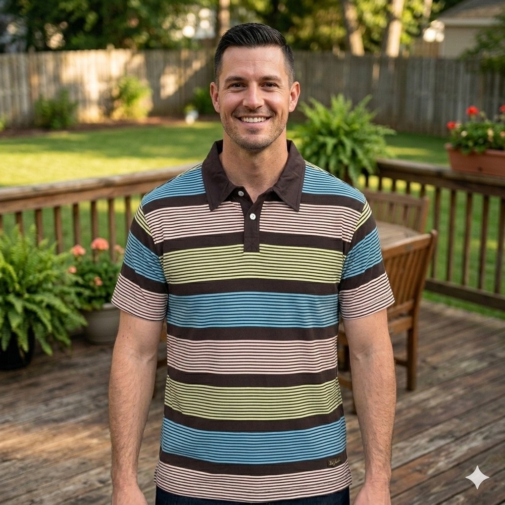 Red Jacket Polo Shirt Mens Medium Brown Multi Color Striped Cotton Excellent